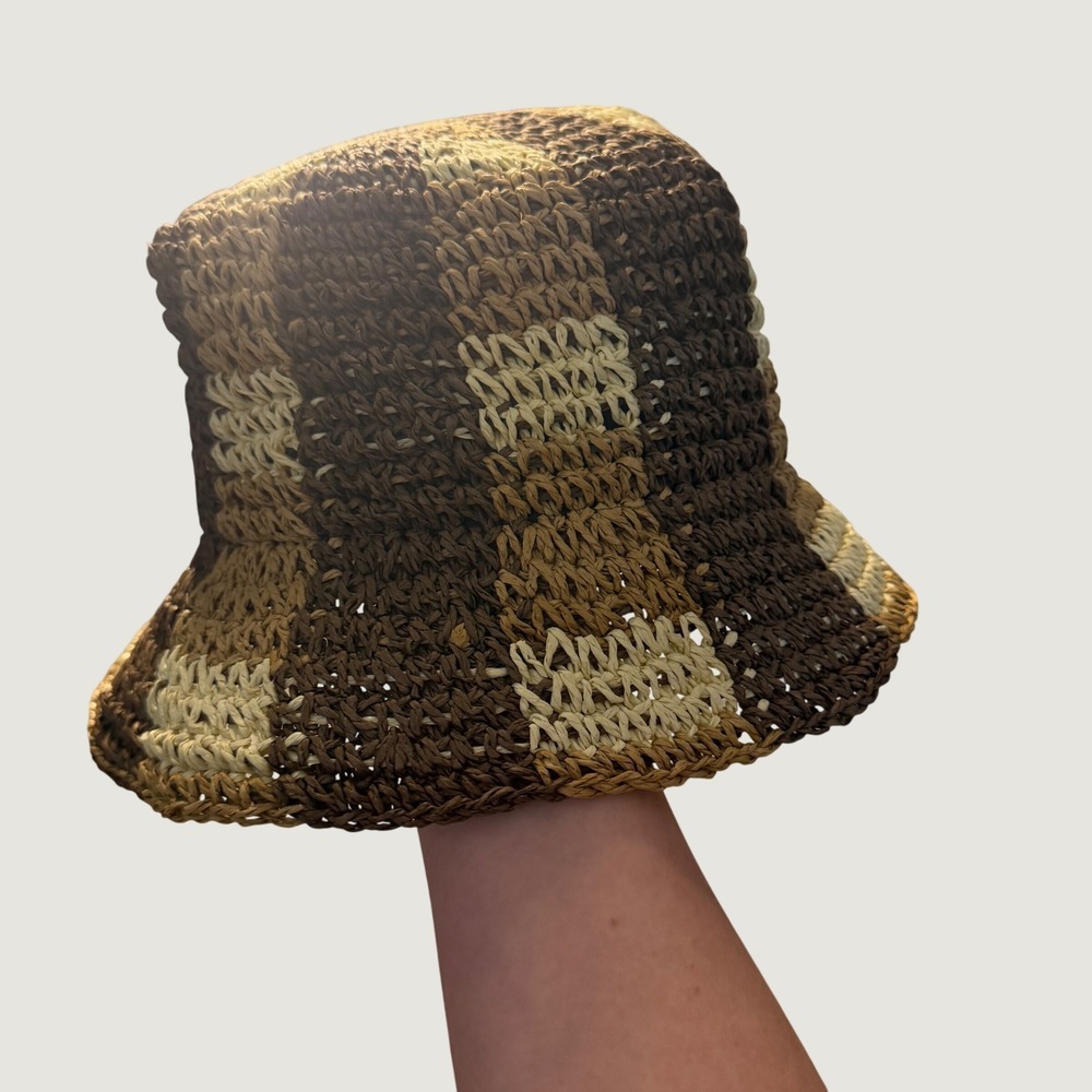 Wyeth Bucket Hat Size ALL Checkered Woven Straw Sun Hat Chocolate Brown NEW